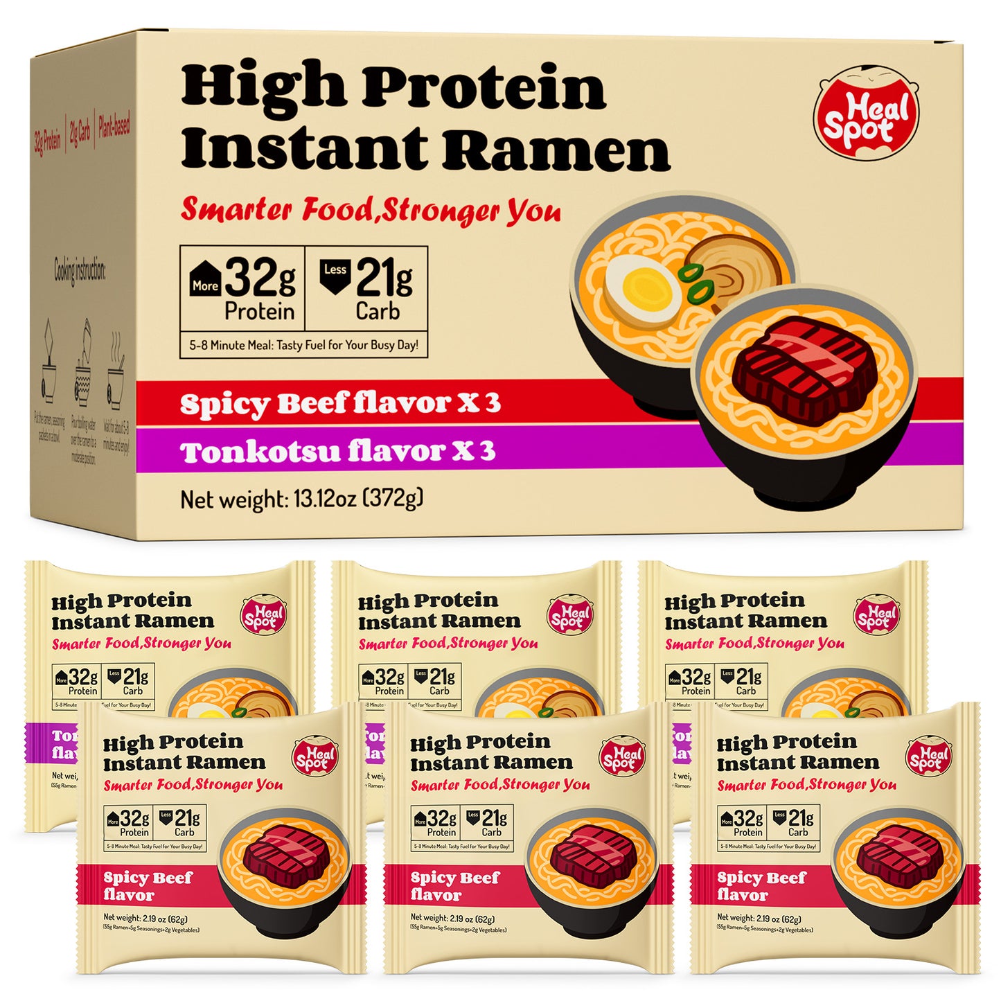 High Protein Instant Ramen Variety Pack, 6 Pack Non Fried Ramen Broth(Beef, Pork Tonkotsu)