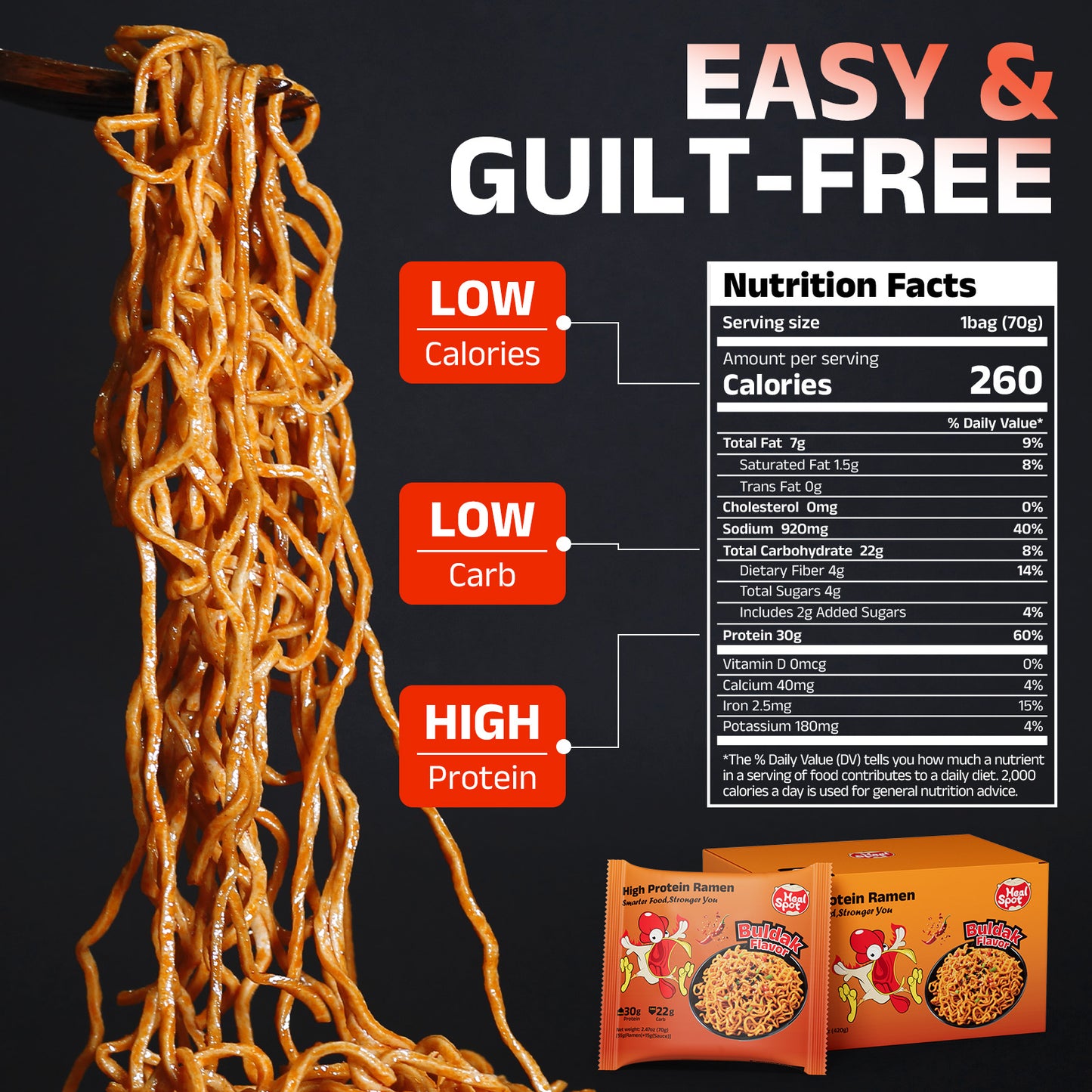 Healspot High Protein Spicy Buldak Noodles, Dry Tossed Ramen, 33g Plant-Based Protein, Low Fat, Low Carb, Non GMO, Keto Friendly & Plant Based (6 packs)