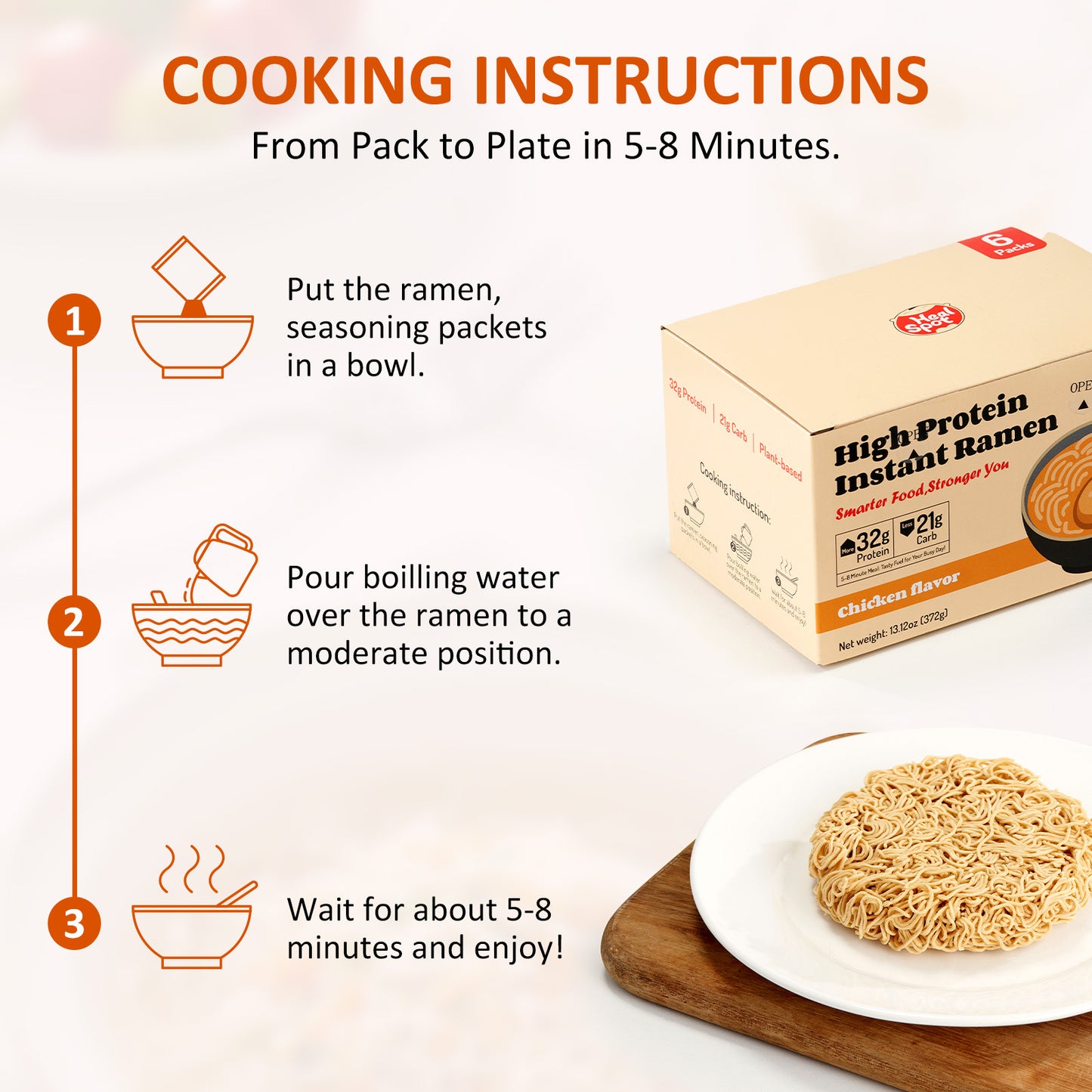 High Protein Instant Ramen Variety Pack, 6 Pack Non Fried Ramen Broth(Chicken, Beef, Pork Tonkotsu)