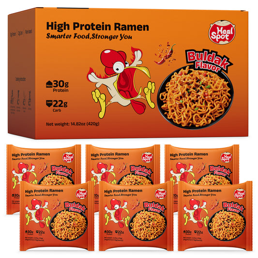 Healspot High Protein Spicy Buldak Noodles, Dry Tossed Ramen, 33g Plant-Based Protein, Low Fat, Low Carb, Non GMO, Keto Friendly & Plant Based (6 packs)