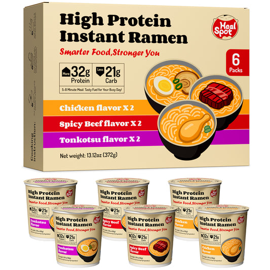 Healspot High Protein Instant Ramen Variety Pack, 6 Cups Non Fried Ramen Broth (Chicken, Beef, Pork Tonkotsu）
