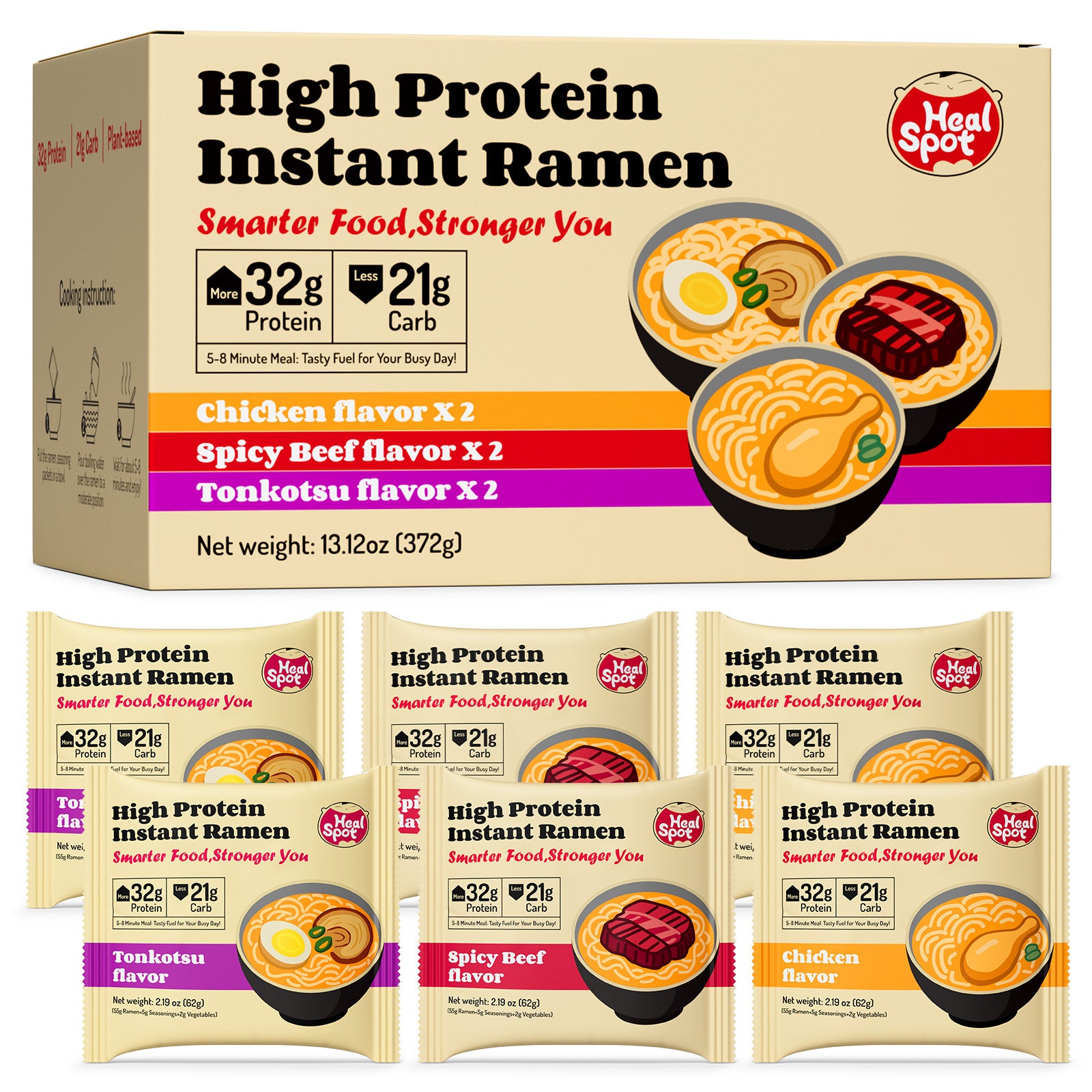 High Protein Instant Ramen 6 Pack (Chicken, Beef, Pork Tonkotsu）
