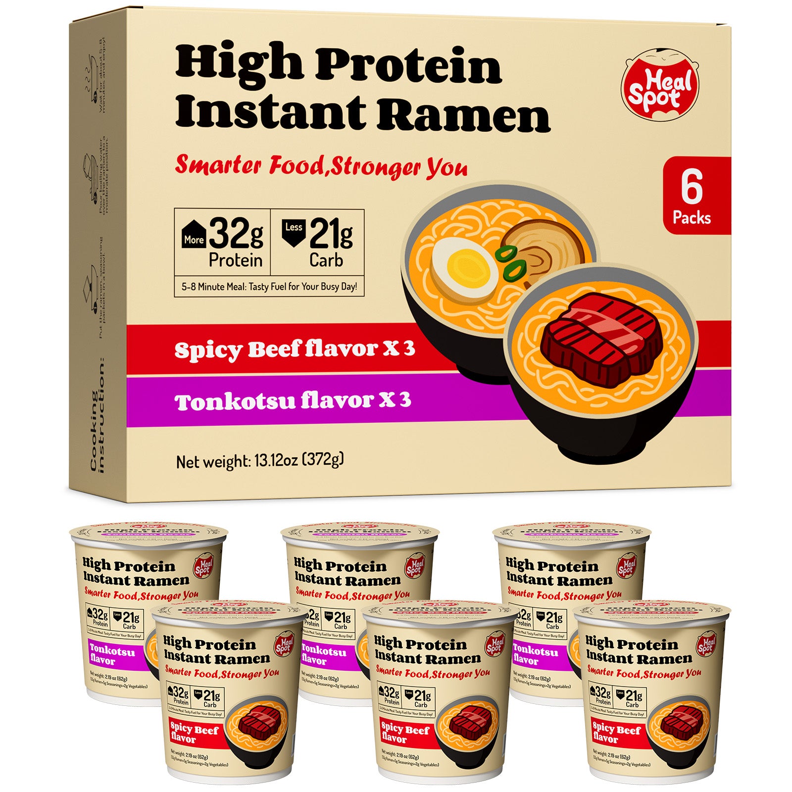 High Protein Instant Ramen 6 Cups Non Fried Ramen Broth(Smoky-Beef/Classic-Pork)