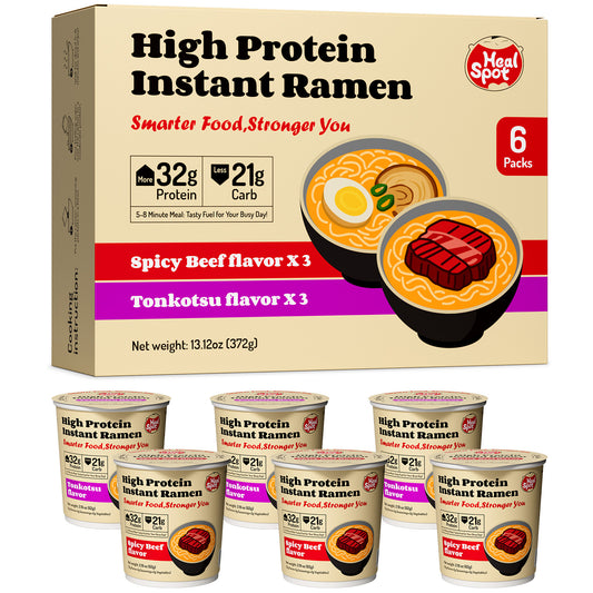 Healspot High Protein Instant Ramen Variety Pack, 6 Cups Non Fried Ramen Broth(Beef, Pork Tonkotsu）