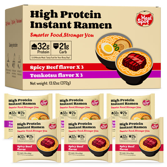 High Protein Instant Ramen Variety Pack, 6 Pack Non Fried Ramen Broth(Beef, Pork Tonkotsu）