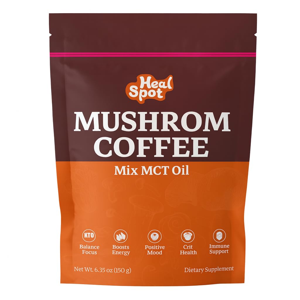 HealSpot Mushroom coffee with 6 Adaptogenic Mushrooms and MCT Oil, USA Grown Instant Coffee for Better Energy, Focus, Digestion, Immunity with Lions Mane & Turkey Tail, 60 servings