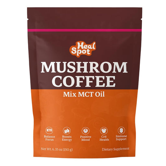 HealSpot Mushroom coffee with 6 Adaptogenic Mushrooms and MCT Oil, USA Grown Instant Coffee for Better Energy, Focus, Digestion, Immunity with Lions Mane & Turkey Tail, 60 servings
