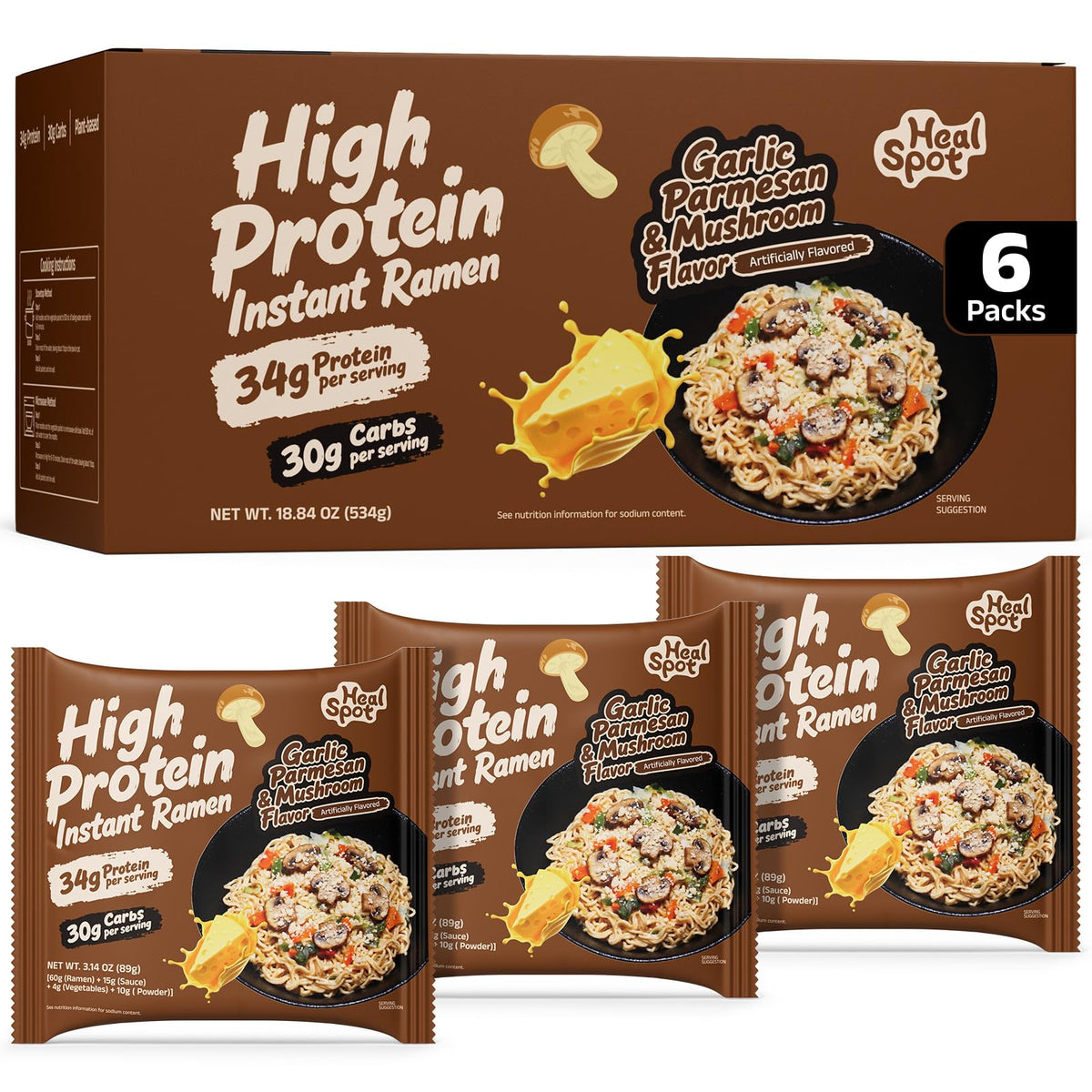 HealSpot High Protein Creamy Ramen | Garlic Mushroom | 34g Plant-Based Protein, 4.5g Fat, Vegan Instant Noodles