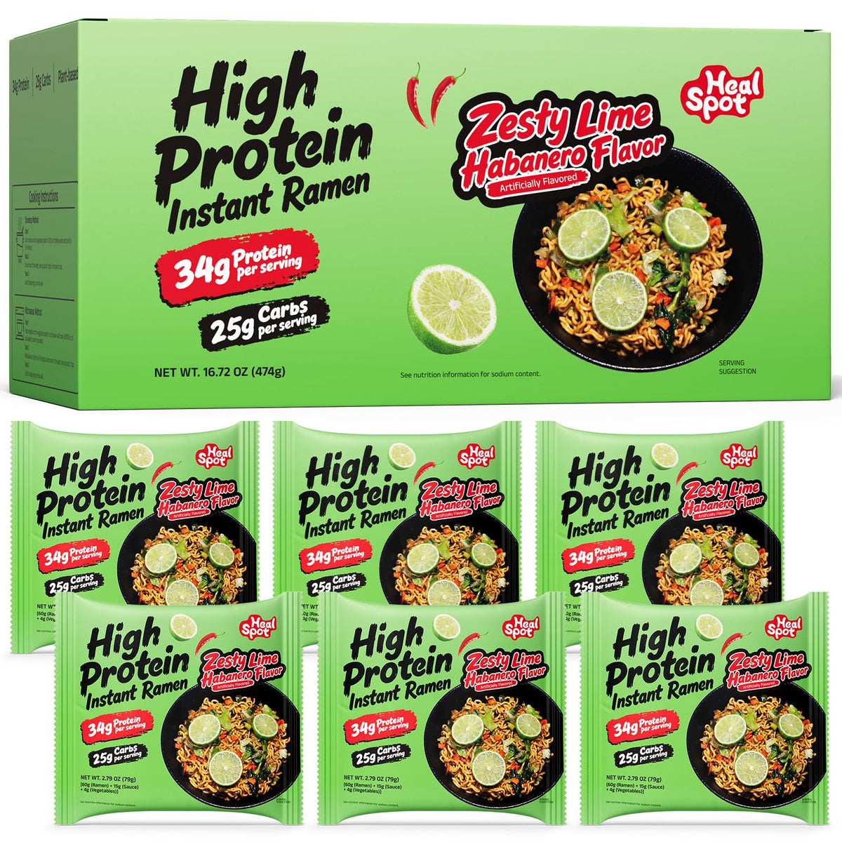 HealSpot High Protein Instant Ramen Dry Style | Zesty Lime Habanero | 34g Plant Protein, Low Fat, Non-GMO