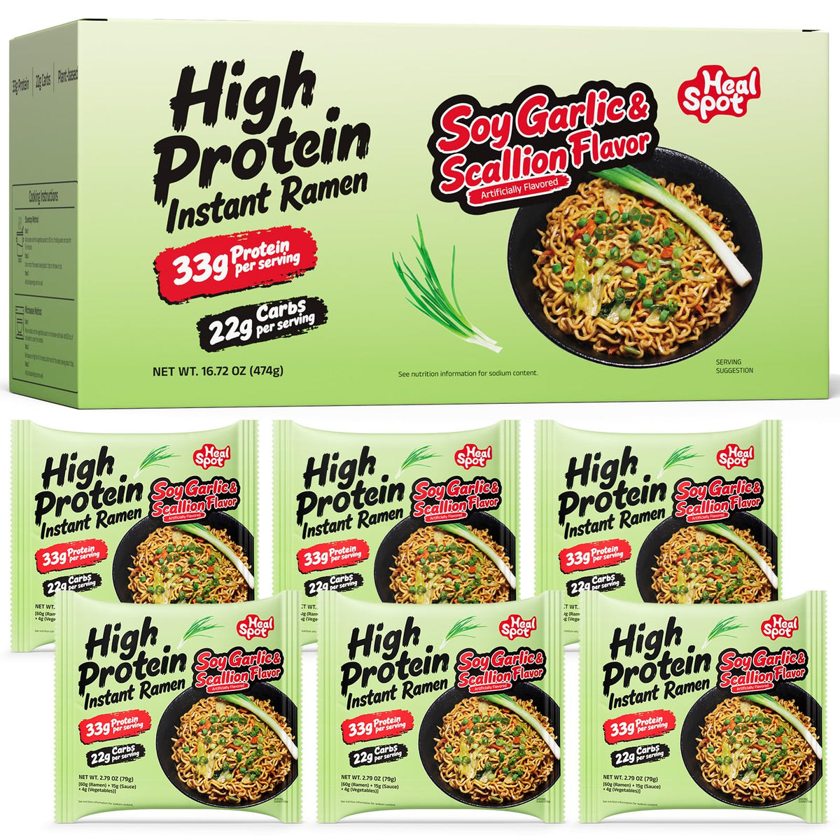 HealSpot High Protein Instant Ramen Dry Style | Soy Garlic & Scallion | 33g Plant Protein, Low Fat, Non-GMO