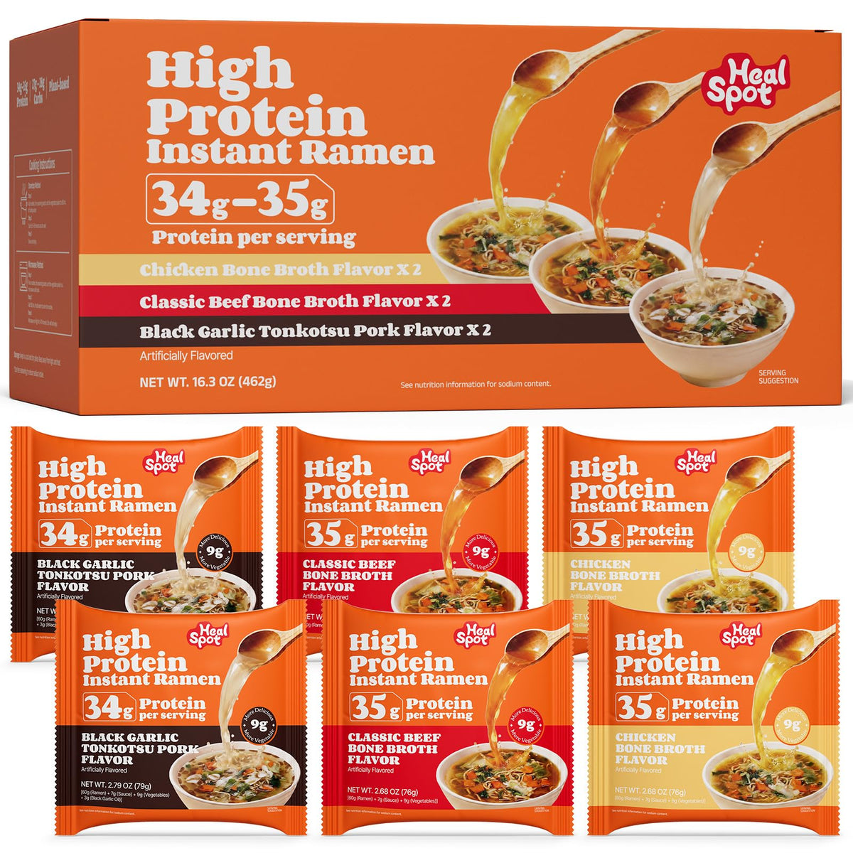 HealSpot High Protein Instant Ramen | 3-Flavor Soup Variety Pack | 34-35g Plant Protein, 9g Veggies, Keto Friendly