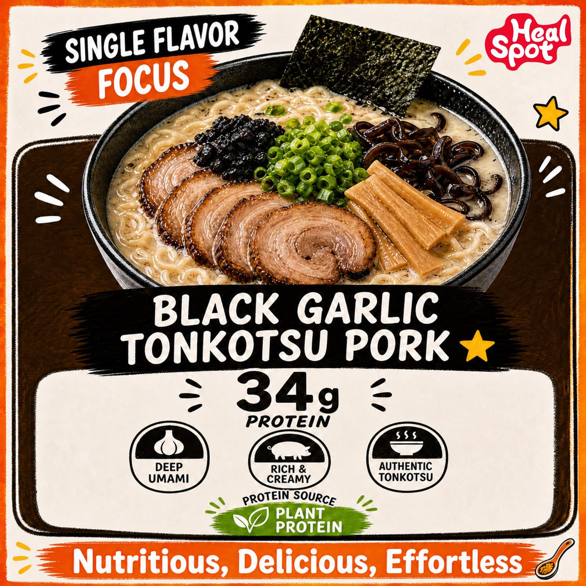 HealSpot High Protein Instant Ramen | Black Garlic Tonkotsu Pork | 34g Plant Protein, 9g Veggies, Keto Friendly - Photo 5