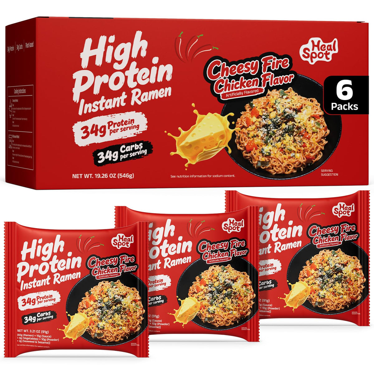HealSpot High Protein Creamy Ramen | Korean Sweet & Spicy | 34g Plant-Based Protein, 4.5g Fat, Vegan Instant Noodles