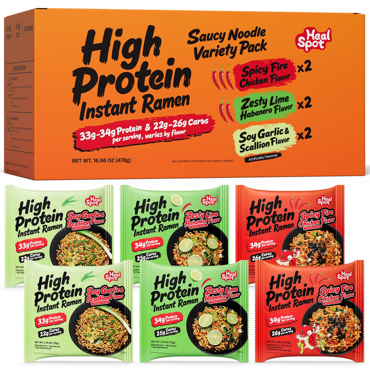 HealSpot High Protein Instant Ramen Dry Style | 3-Flavor Variety Pack | 33-34g Plant Protein, Low Fat, Non-GMO