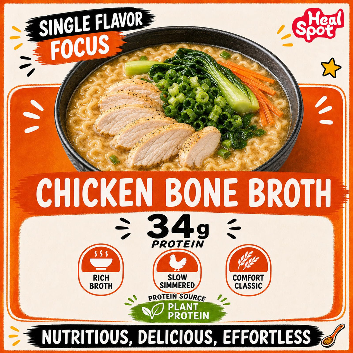 HealSpot High Protein Instant Ramen | Chicken Bone Broth | 35g Plant Protein, 9g Veggies, Keto Friendly - Photo 4