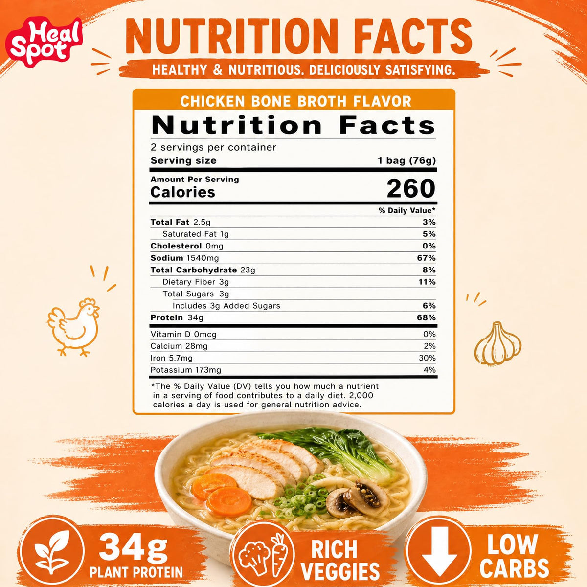 HealSpot High Protein Instant Ramen | Chicken Bone Broth | 35g Plant Protein, 9g Veggies, Keto Friendly - Photo 2