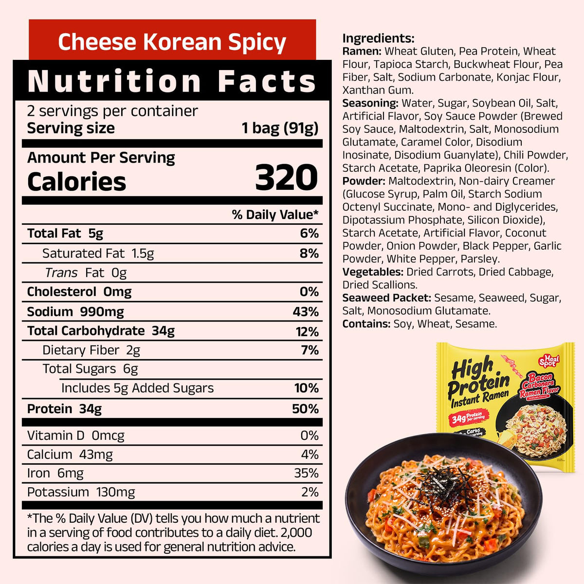HealSpot High Protein Creamy Ramen | Korean Sweet & Spicy | 34g Plant-Based Protein, 4.5g Fat, Vegan Instant Noodles - Photo 3