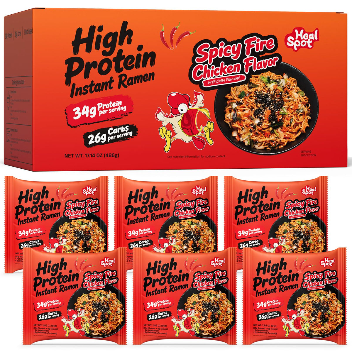 HealSpot High Protein Instant Ramen Dry Style | Spicy Fire Chicken | 34g Plant Protein, Low Fat, Non-GMO