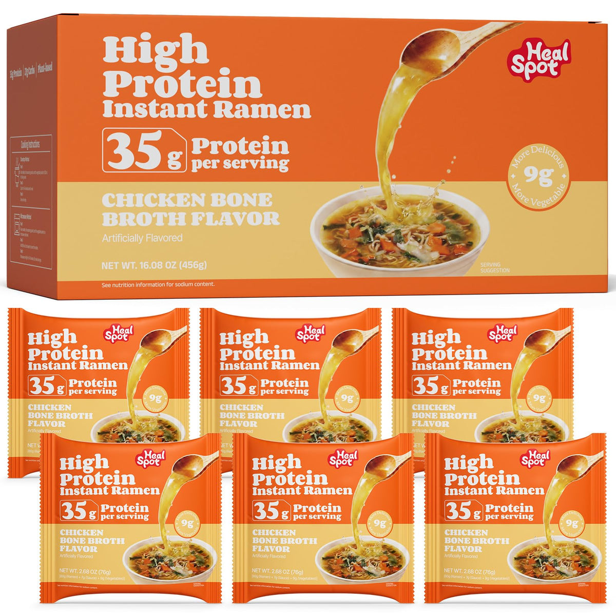 HealSpot High Protein Instant Ramen | Chicken Bone Broth | 35g Plant Protein, 9g Veggies, Keto Friendly