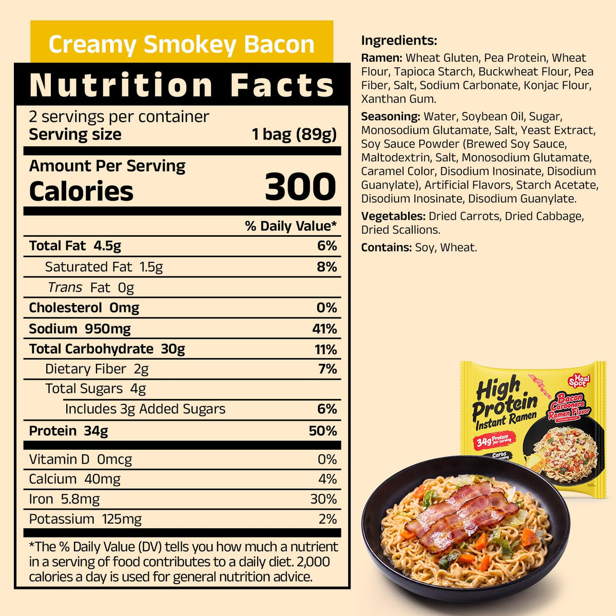 HealSpot High Protein Creamy Ramen | Smoky Bacon | 34g Plant-Based Protein, 4.5g Fat, Vegan Instant Noodles - Photo 3