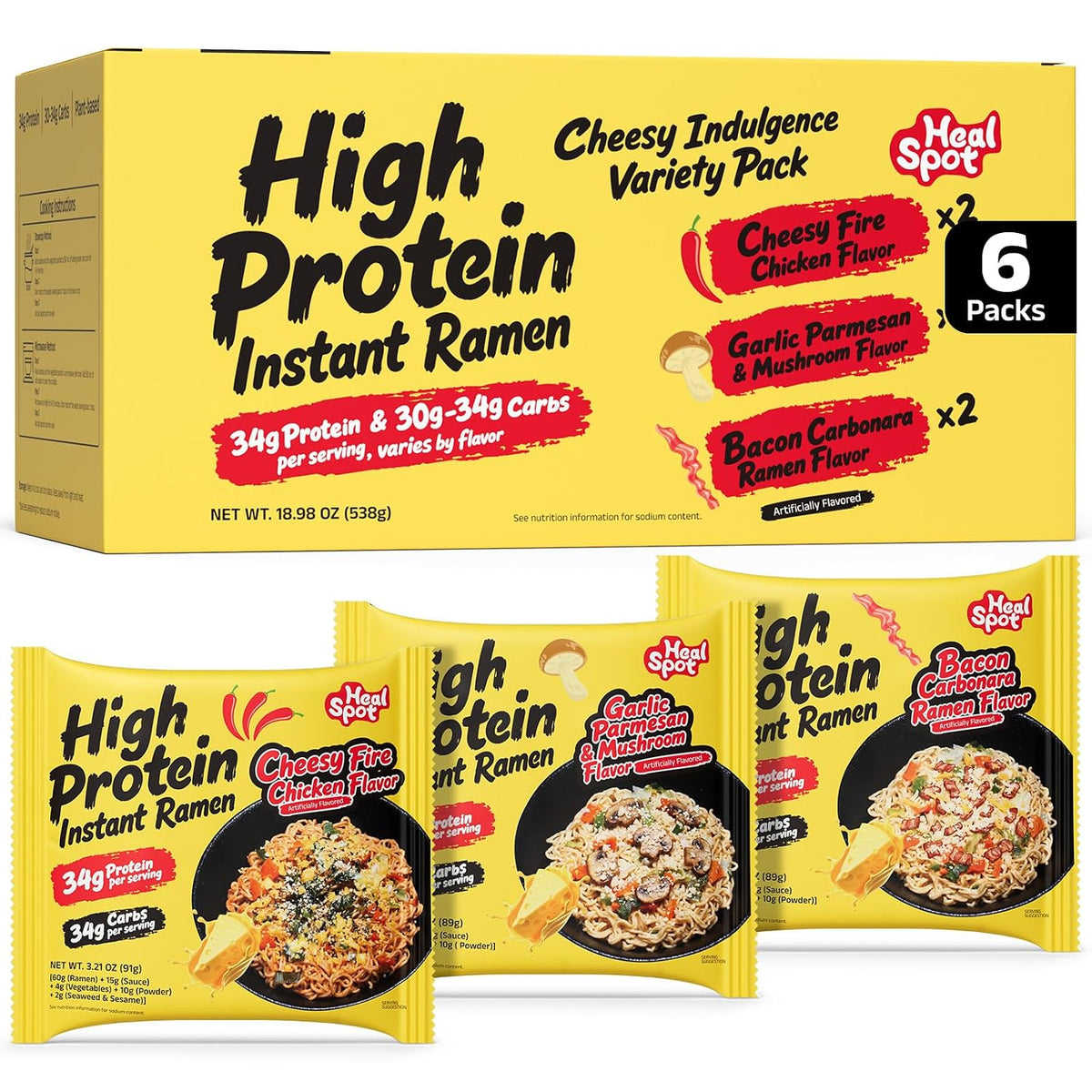 HealSpot High Protein Creamy Ramen | Cheese Variety Pack, 3 Flavors | 34g Plant-Based Protein, 4.5g Fat, Vegan Instant Noodles - Photo 9