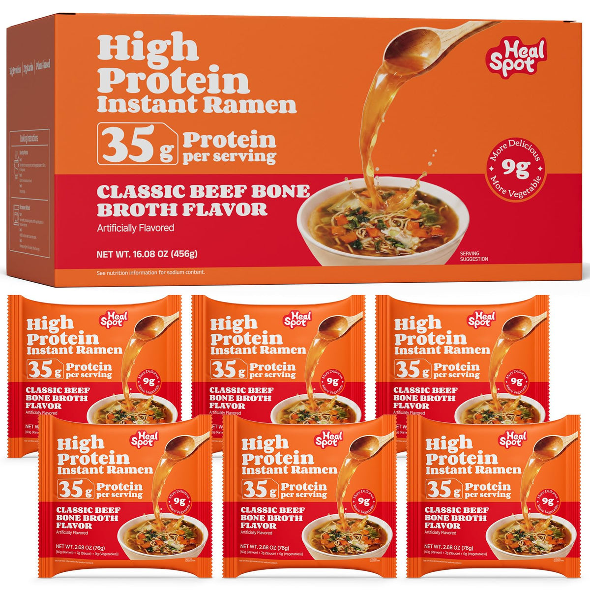 HealSpot High Protein Instant Ramen | Classic Beef Bone Broth | 35g Plant Protein, 9g Veggies, Keto Friendly