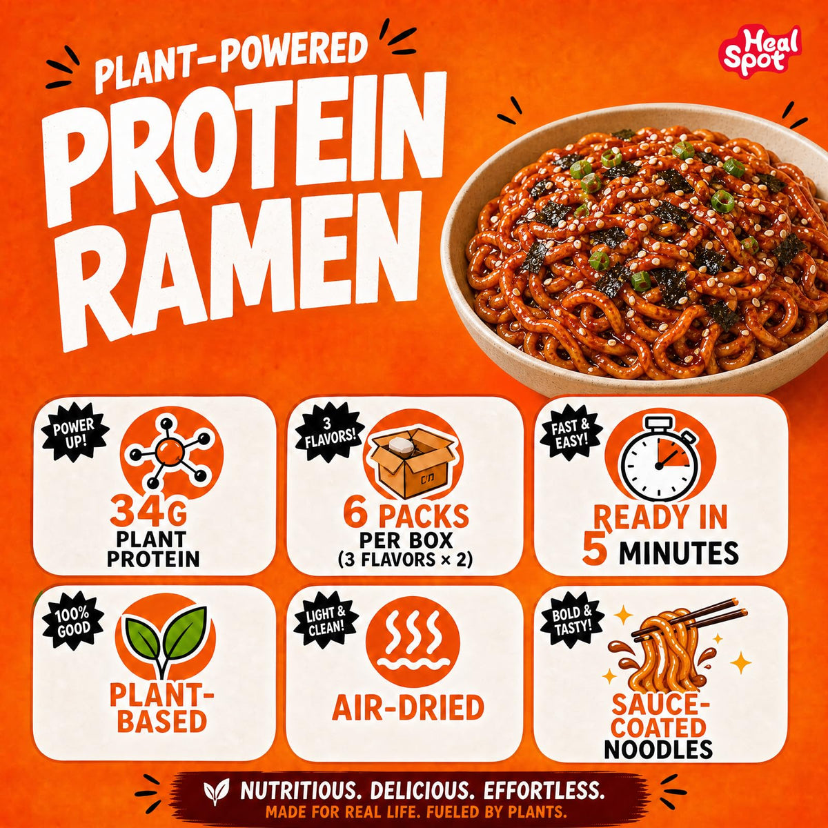 HealSpot High Protein Instant Ramen Dry Style | 3-Flavor Variety Pack | 33-34g Plant Protein, Low Fat, Non-GMO - Photo 3