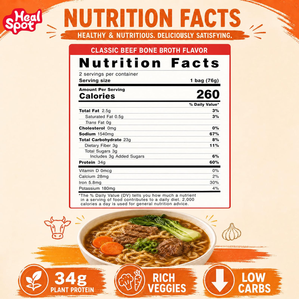 HealSpot High Protein Instant Ramen | Classic Beef Bone Broth | 35g Plant Protein, 9g Veggies, Keto Friendly - Photo 2