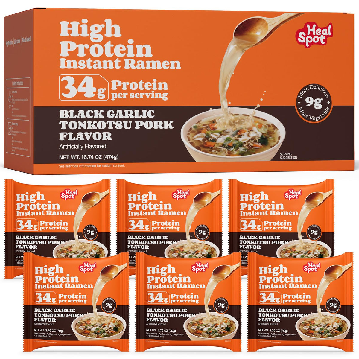 HealSpot High Protein Instant Ramen | Black Garlic Tonkotsu Pork | 34g Plant Protein, 9g Veggies, Keto Friendly