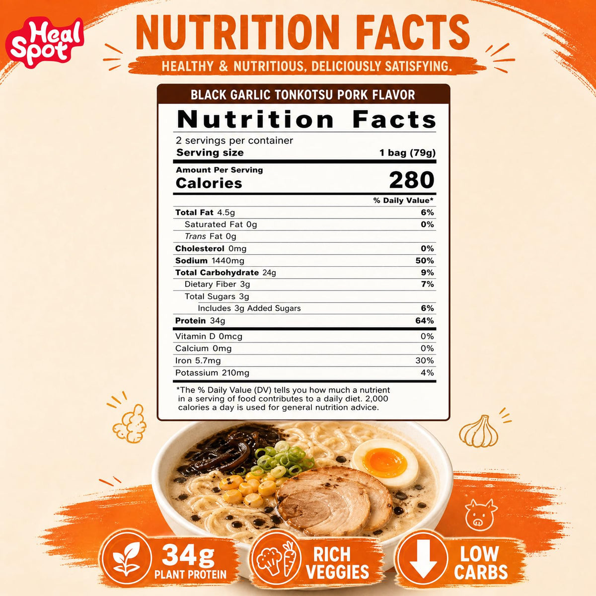 HealSpot High Protein Instant Ramen | Black Garlic Tonkotsu Pork | 34g Plant Protein, 9g Veggies, Keto Friendly - Photo 3