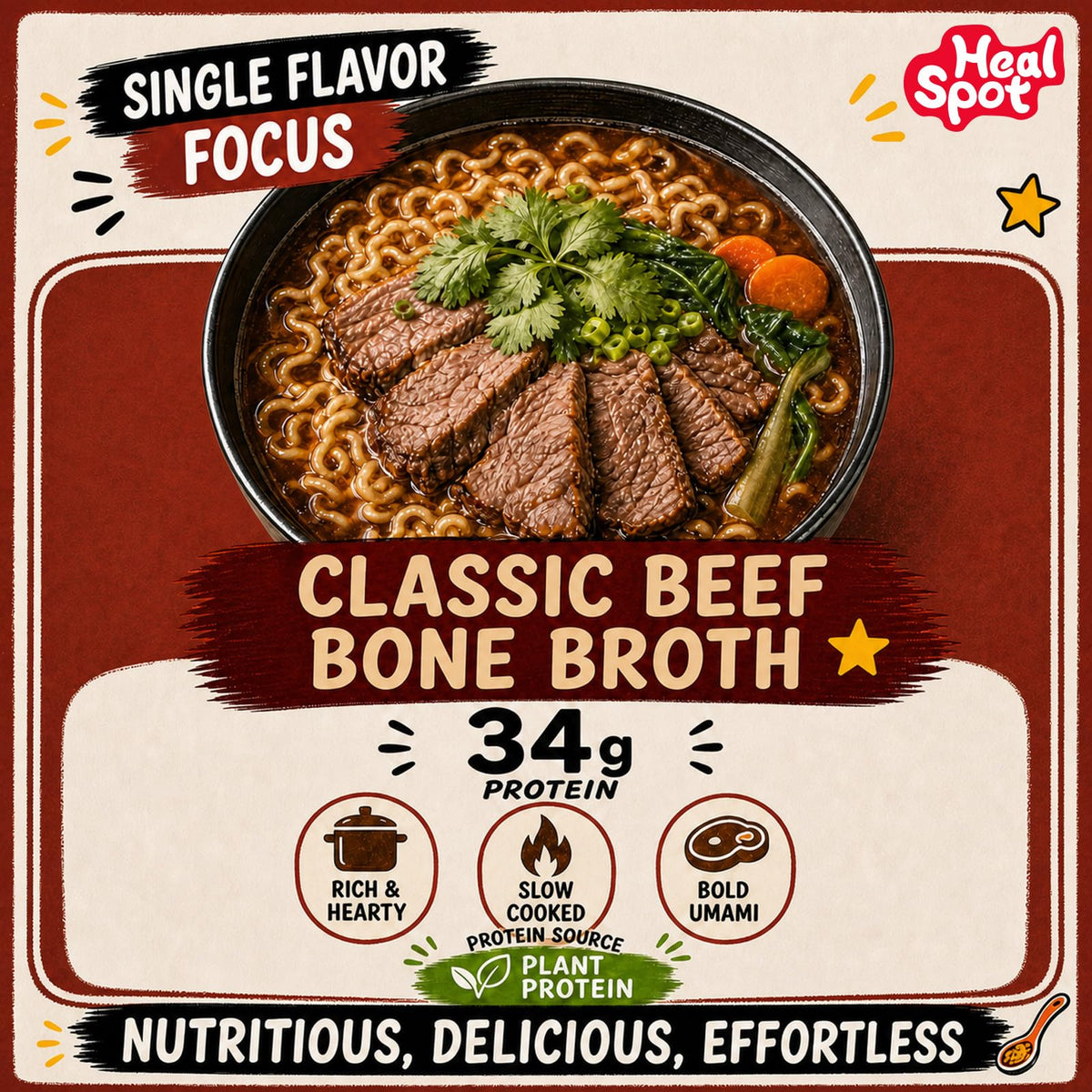 HealSpot High Protein Instant Ramen | Classic Beef Bone Broth | 35g Plant Protein, 9g Veggies, Keto Friendly - Photo 4