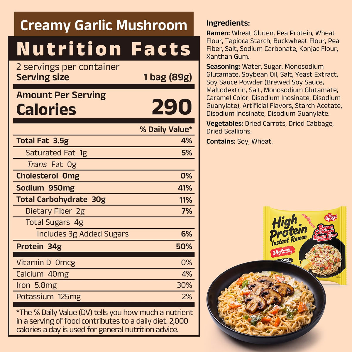 HealSpot High Protein Creamy Ramen | Garlic Mushroom | 34g Plant-Based Protein, 4.5g Fat, Vegan Instant Noodles - Photo 3