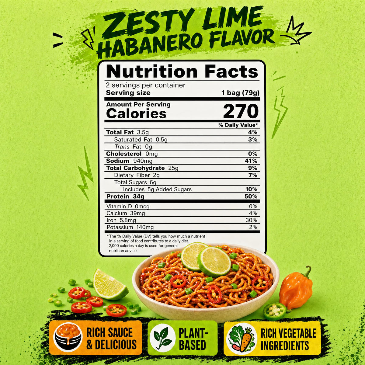 HealSpot High Protein Instant Ramen Dry Style | Zesty Lime Habanero | 34g Plant Protein, Low Fat, Non-GMO - Photo 2