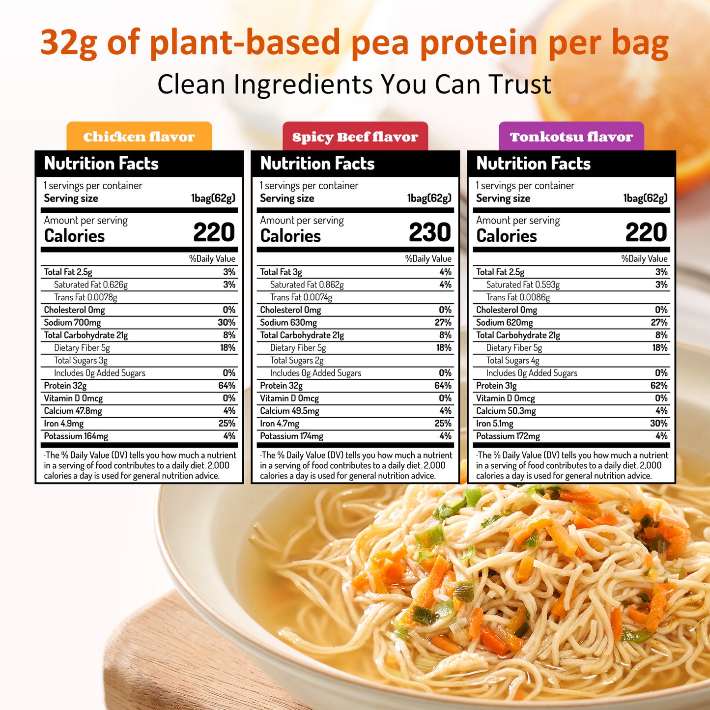 High Protein Instant Ramen Variety Pack, 6 Pack Non Fried Ramen Broth(Chicken, Beef, Pork Tonkotsu）