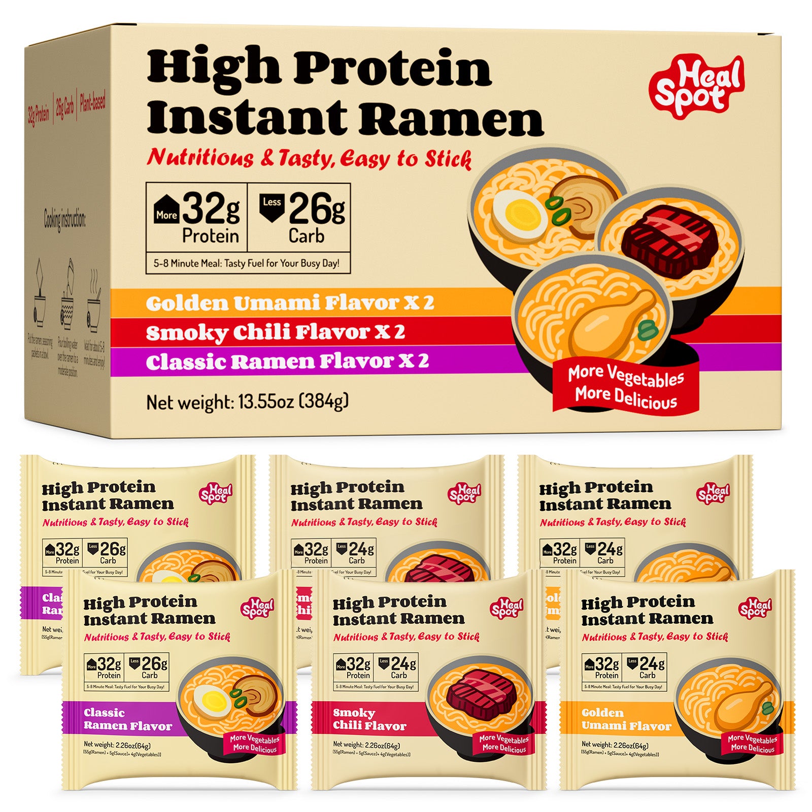 High Protein Instant Ramen 6 Pack (Golden-Chicken,Smoky-Beef,Classic-Pork)