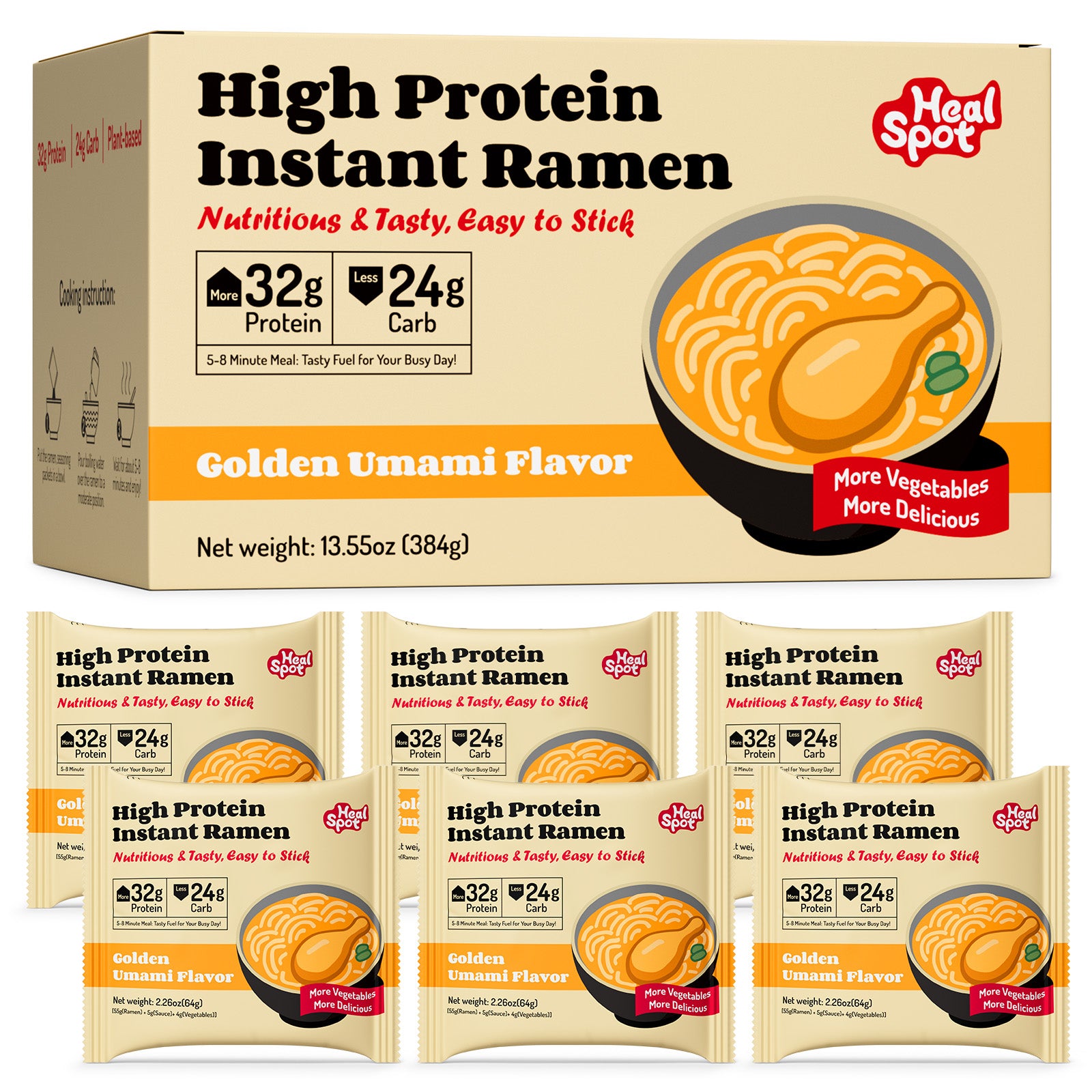 High Protein Instant Ramen, 6 Pack Non-Fried Ramen Broth(Golden-Chicken)
