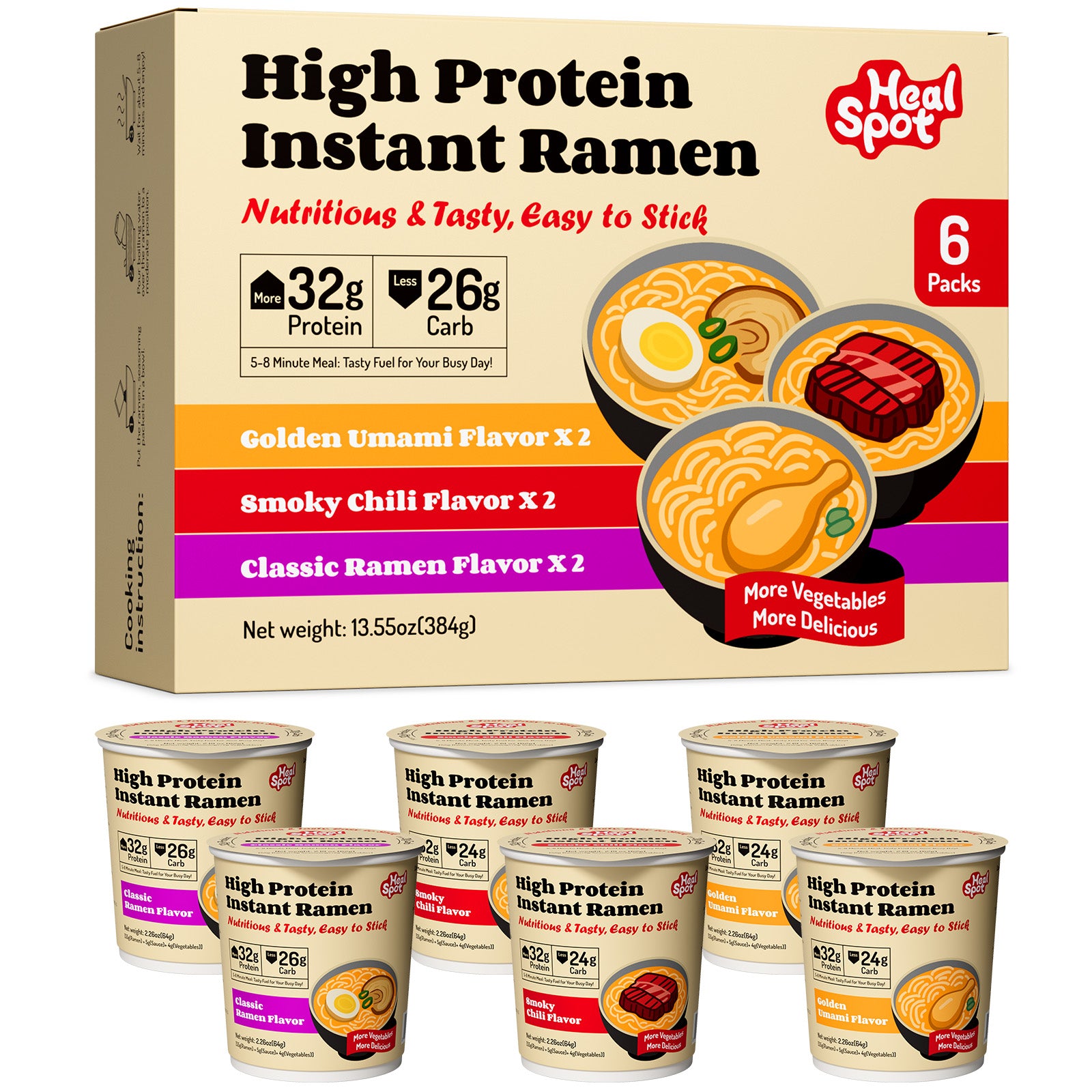 High Protein Instant Ramen 6 Cups Non Fried Ramen Broth (Golden-Chicken,Smoky-Beef,Classic-Pork)