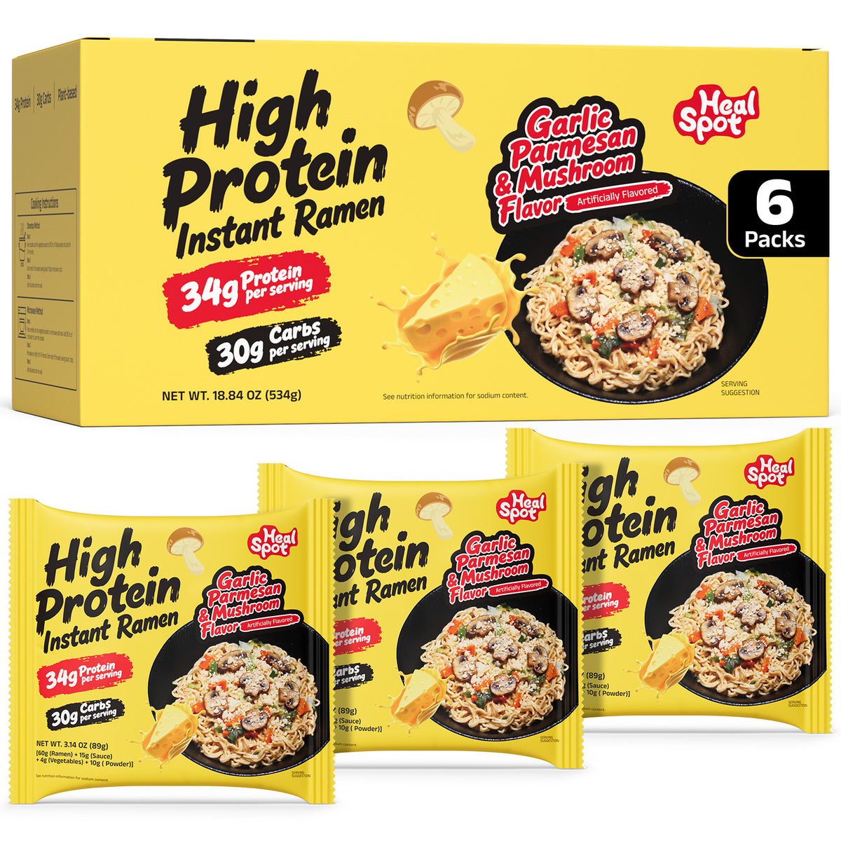 HealSpot High Protein Creamy Ramen | Garlic Mushroom | 34g Plant-Based Protein, 4.5g Fat, Vegan Instant Noodles