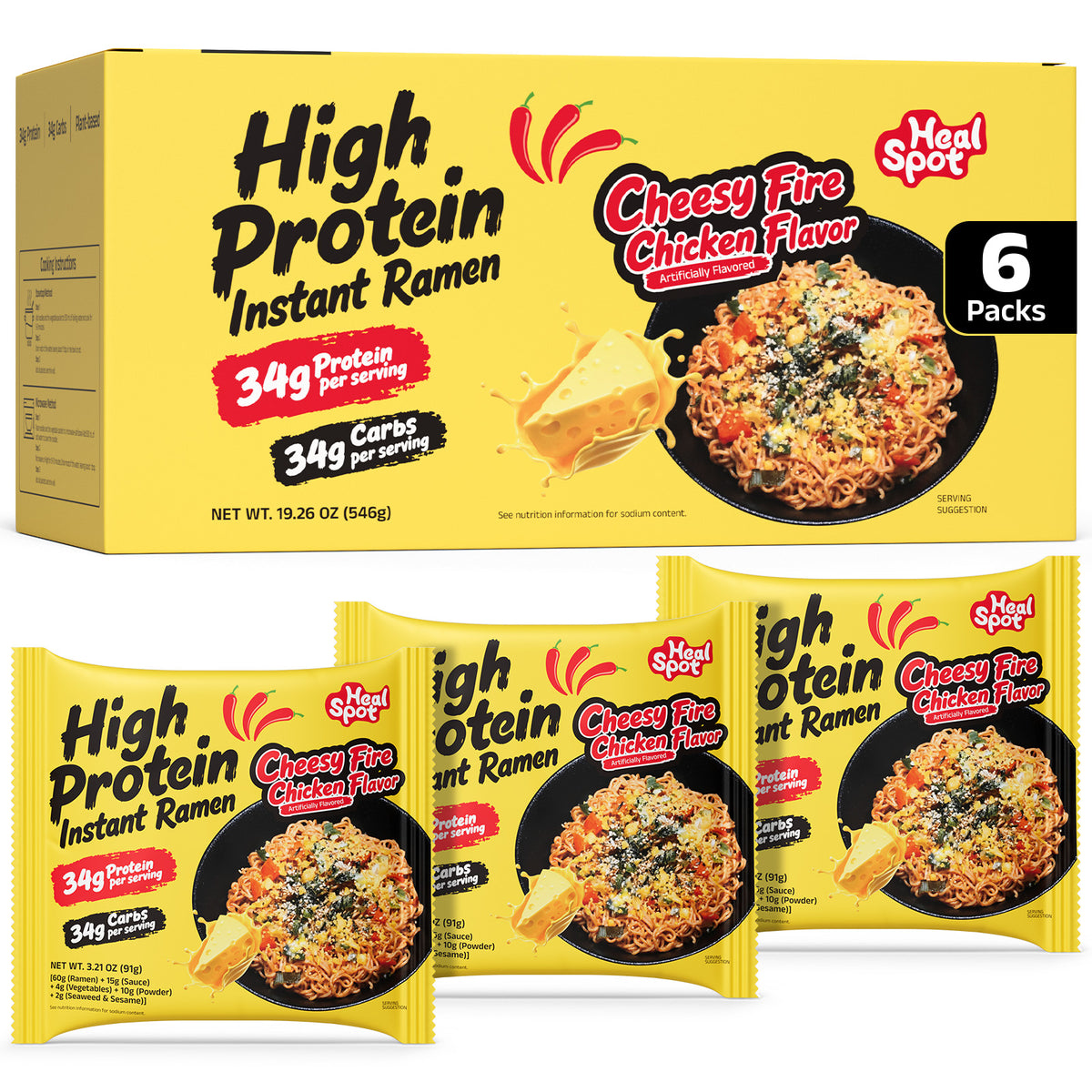 HealSpot High Protein Creamy Ramen | Korean Fire Chicken | 34g Plant-Based Protein, 4.5g Fat, Vegan Instant Noodles