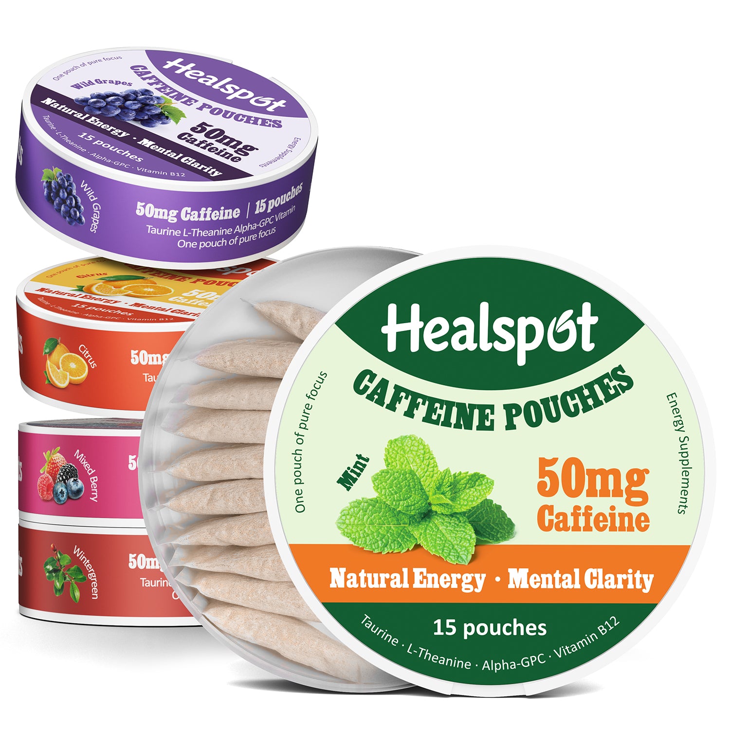 Nootropic Caffeine Pouches with Taurine | Vitamin B12 | Alpha-GPC | L-Theanine, 50mg